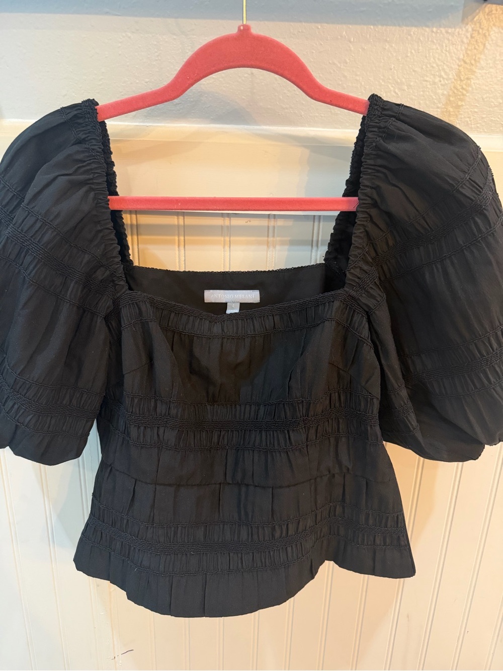 Antonio Melani Black Smocked Puff-Sleeve Top